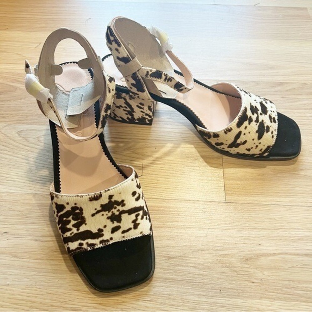 J.Crew Cow Print Calf Hair Block Heel Sandals Square Toe Brown White Womens 8 - Picture 2 of 11